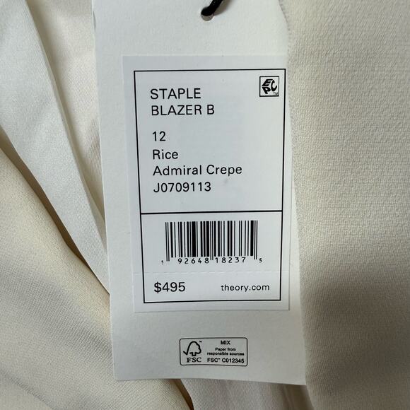 Theory Staple Blazer Admiral Crepe Rice Ivory Women’s Size 12 NWT - Picture 5 of 9